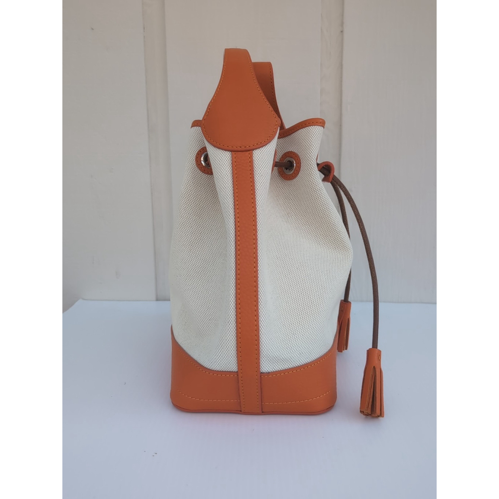Oncour French Leather Drawstring Bucket Bag Beige Orange - Picture 4 of 16